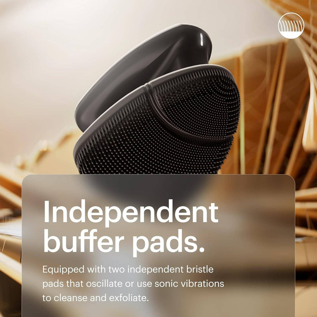 Electric silicone face scrubber head close-up with dual bristle pad texture