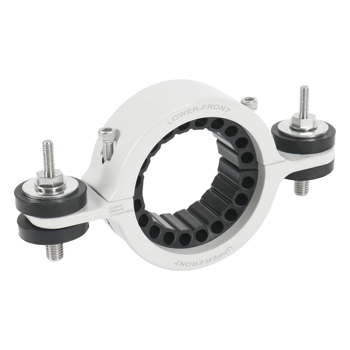 Driveshaft center support bearing carrier with black bushing and mounting studs, white