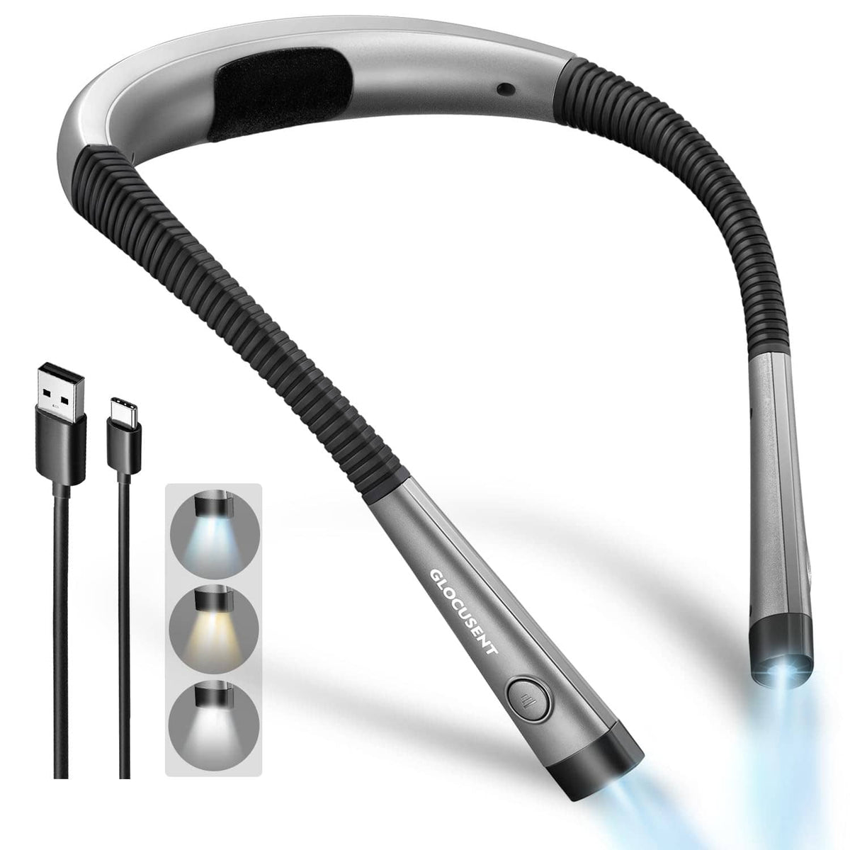 Bendable clip-on reading book light with black ribbed neck and silver body