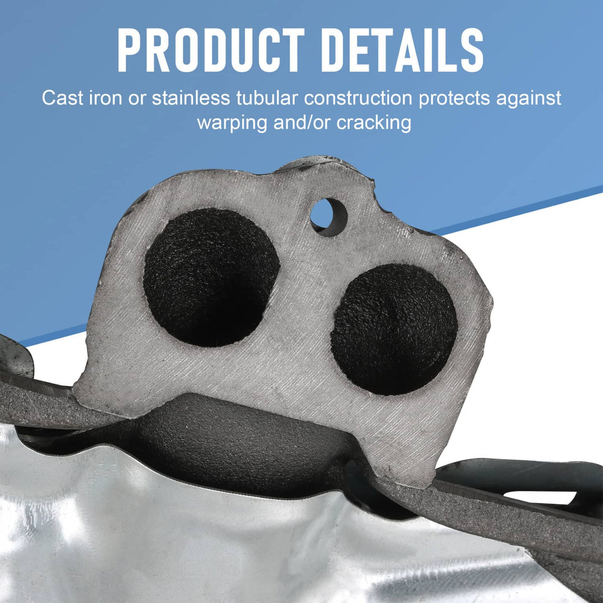 Close-up of cast iron exhaust manifold with two round exhaust openings and mounting flange