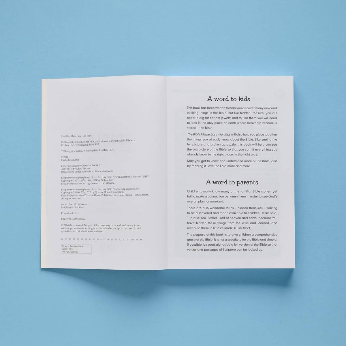 Kids Bible book open to pages with “A word to kids” heading