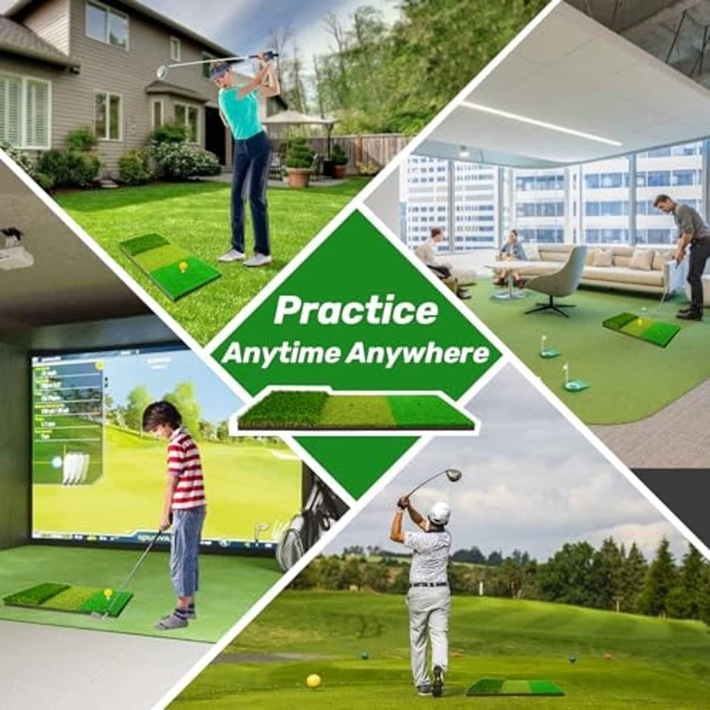 Indoor outdoor tri-turf golf practice mat showing three green teeing and putting areas