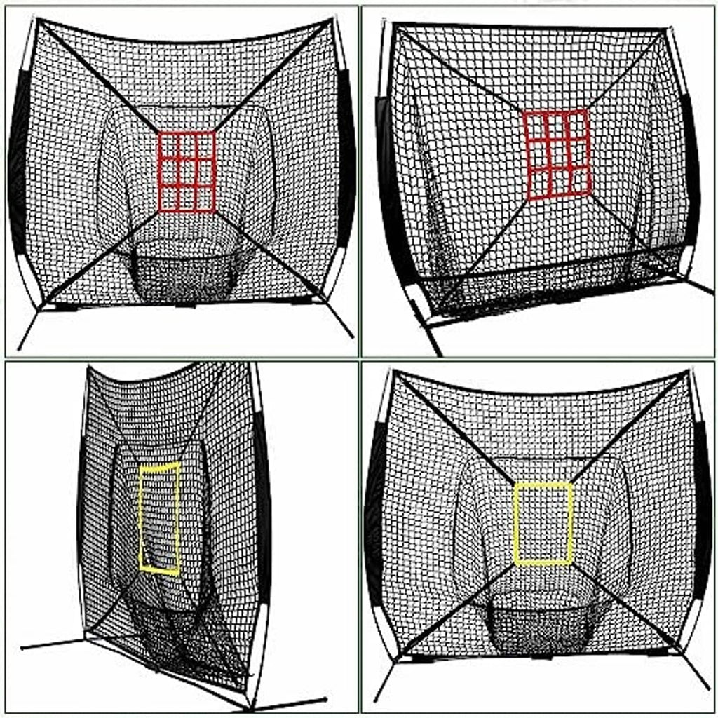 Baseball practice strike target net with red or yellow square center markers on mesh