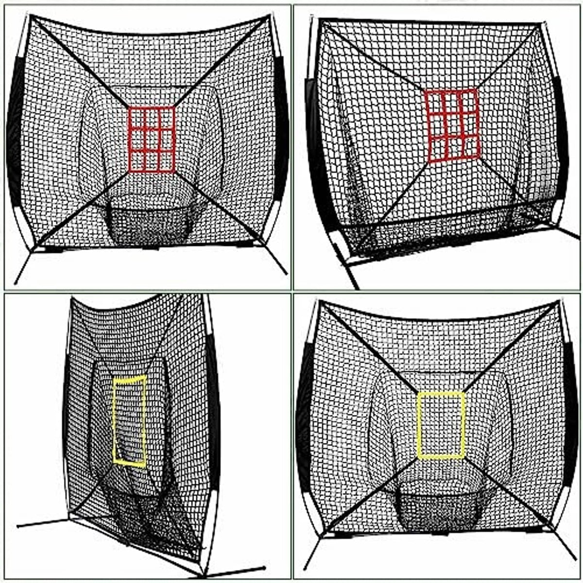 Baseball practice strike target net with red or yellow square center markers on mesh