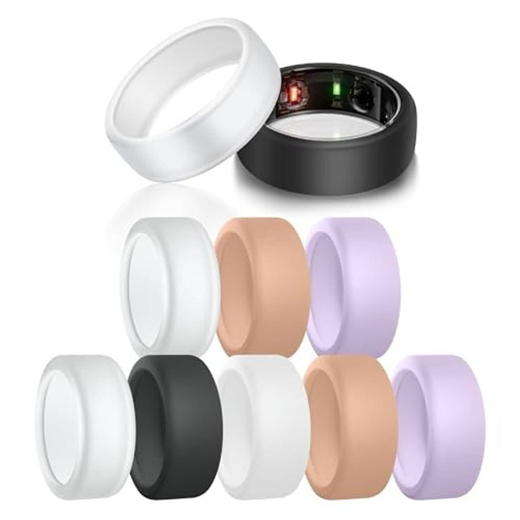 Silicone ring covers in white, black, tan, and purple with a partially opened case