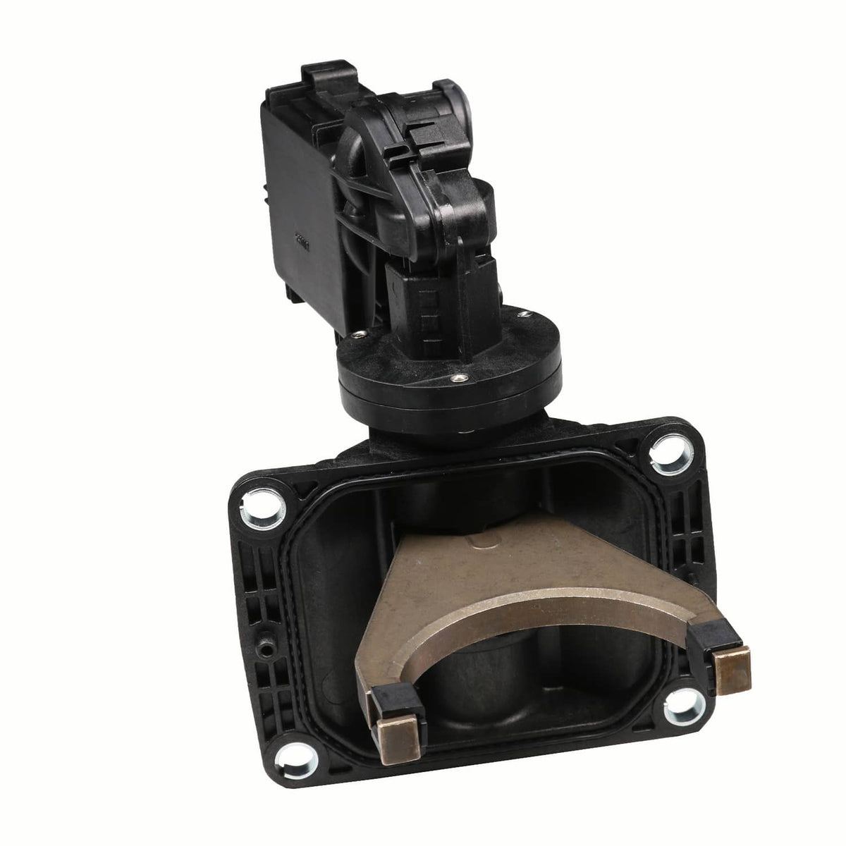 Front axle disconnect actuator fork with square mounting plate and visible metal fork section