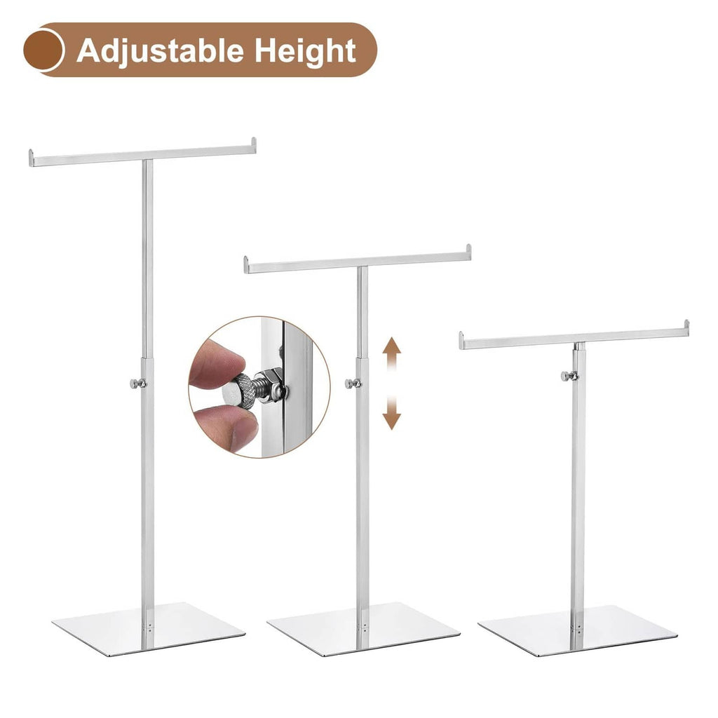 Adjustable-height T-shaped purse display stand, silver metal base and top bar