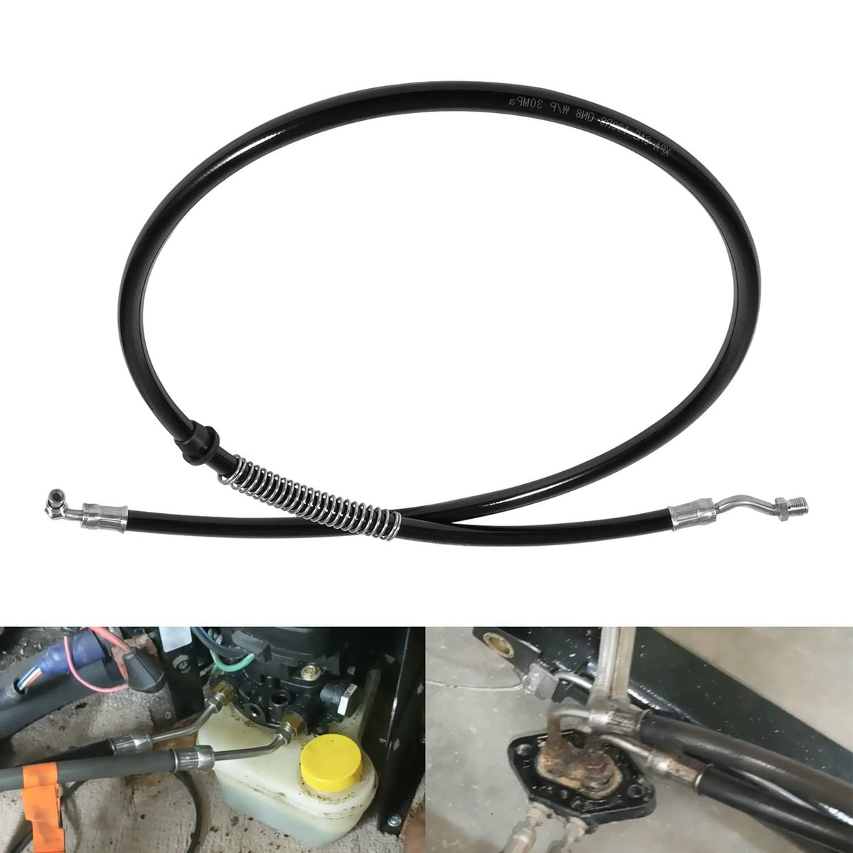 Marine power trim hose with black rubber line and metal end fittings