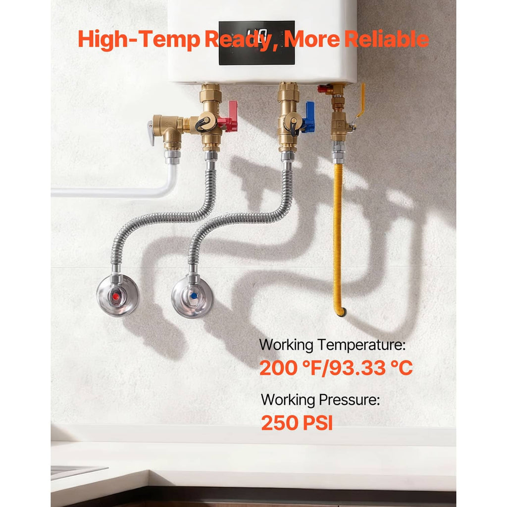 Flexible water heater connector hoses with brass shutoff valves and fitting elbows
