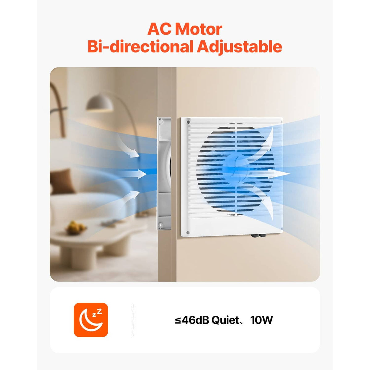 Wall-mounted ventilation fan showing bidirectional airflow with blue motion arrows