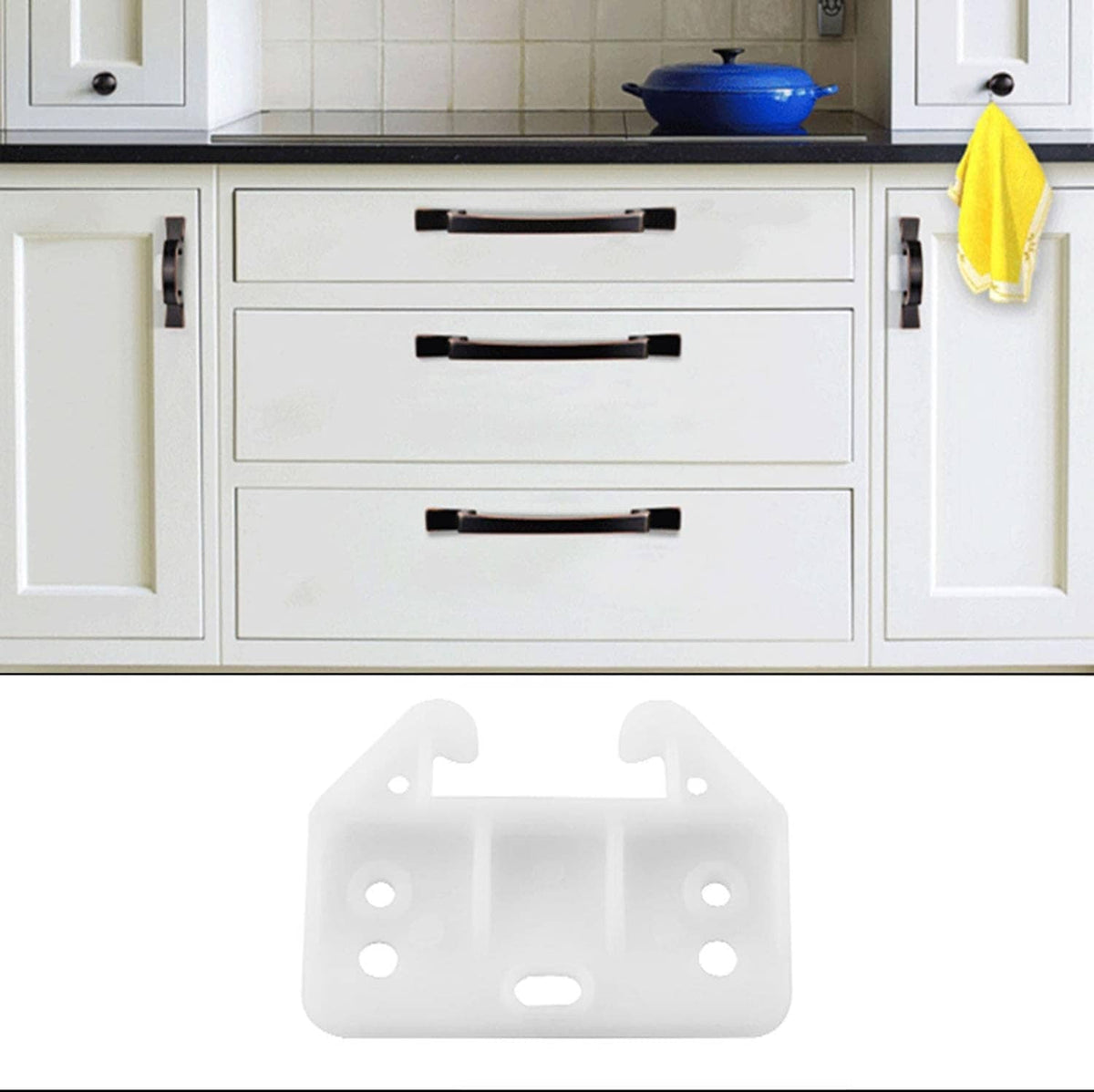 White plastic center-mount drawer rail guide with mounting holes