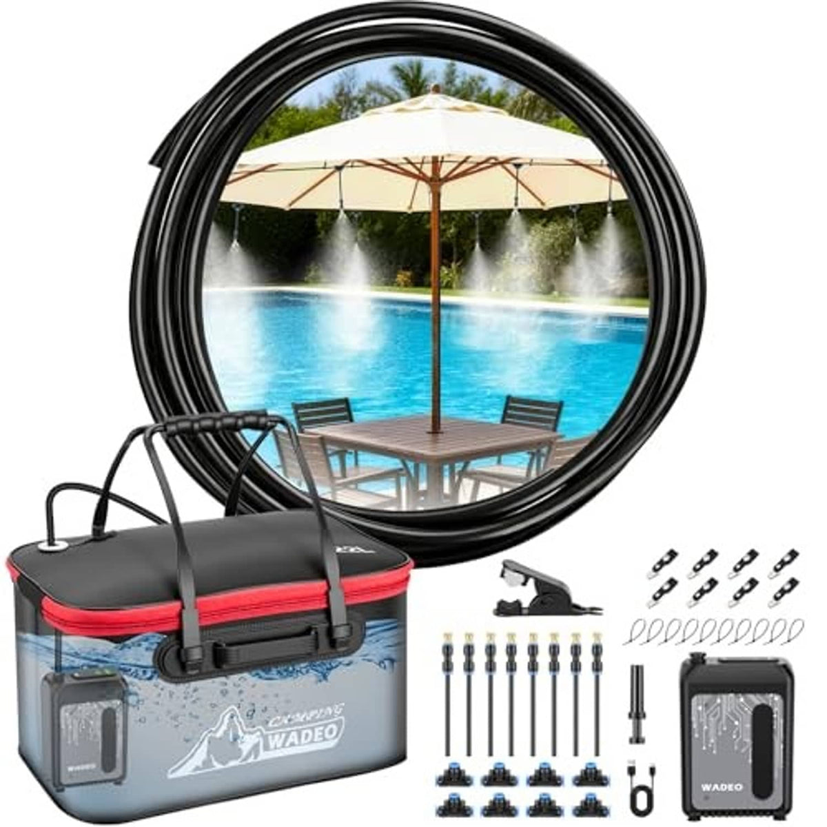 Outdoor portable misting system with misting hose ring, 6-gal tank, and nozzle fittings