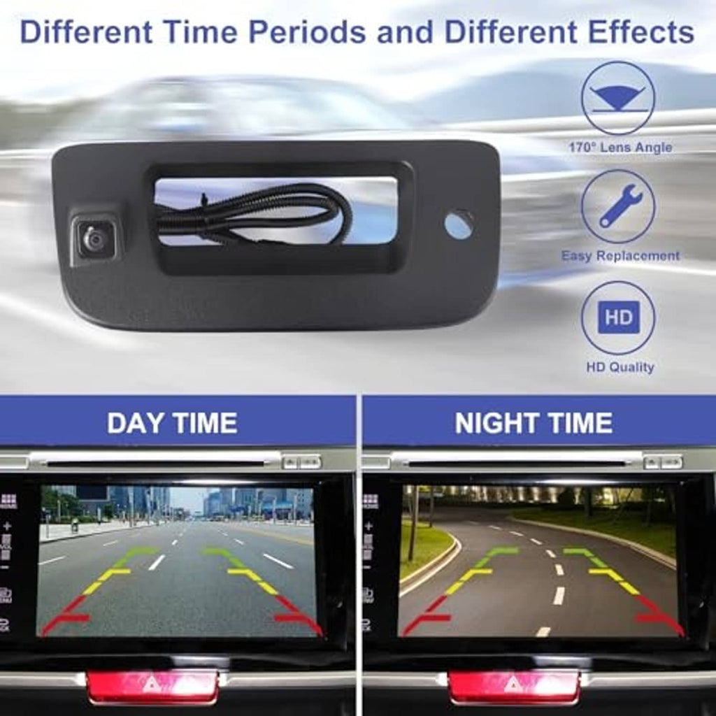 Rear view backup camera tailgate handle with day and night dashboard views