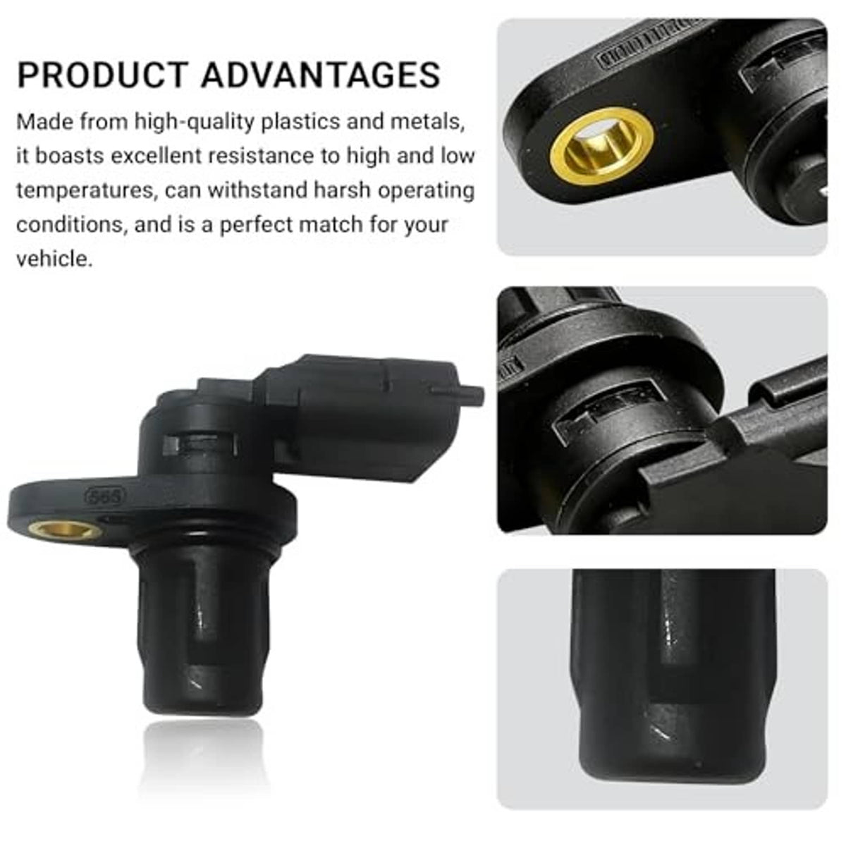 Camshaft position sensor with black housing and gold-colored mounting bolt