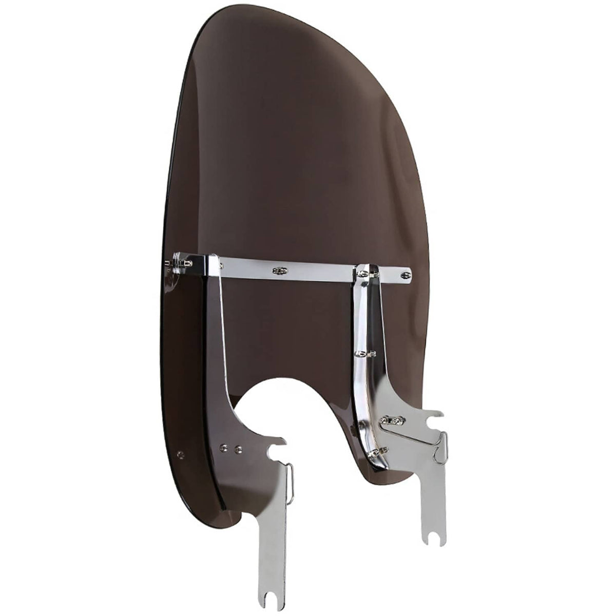 Motorcycle windshield with dark tinted screen and mounting bracket set, isolated