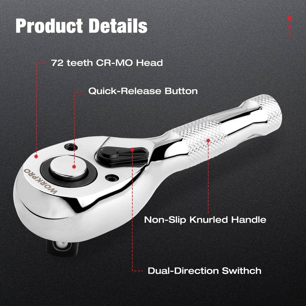 Chrome stubby ratchet with quick-release button, dual-direction switch, knurled handle
