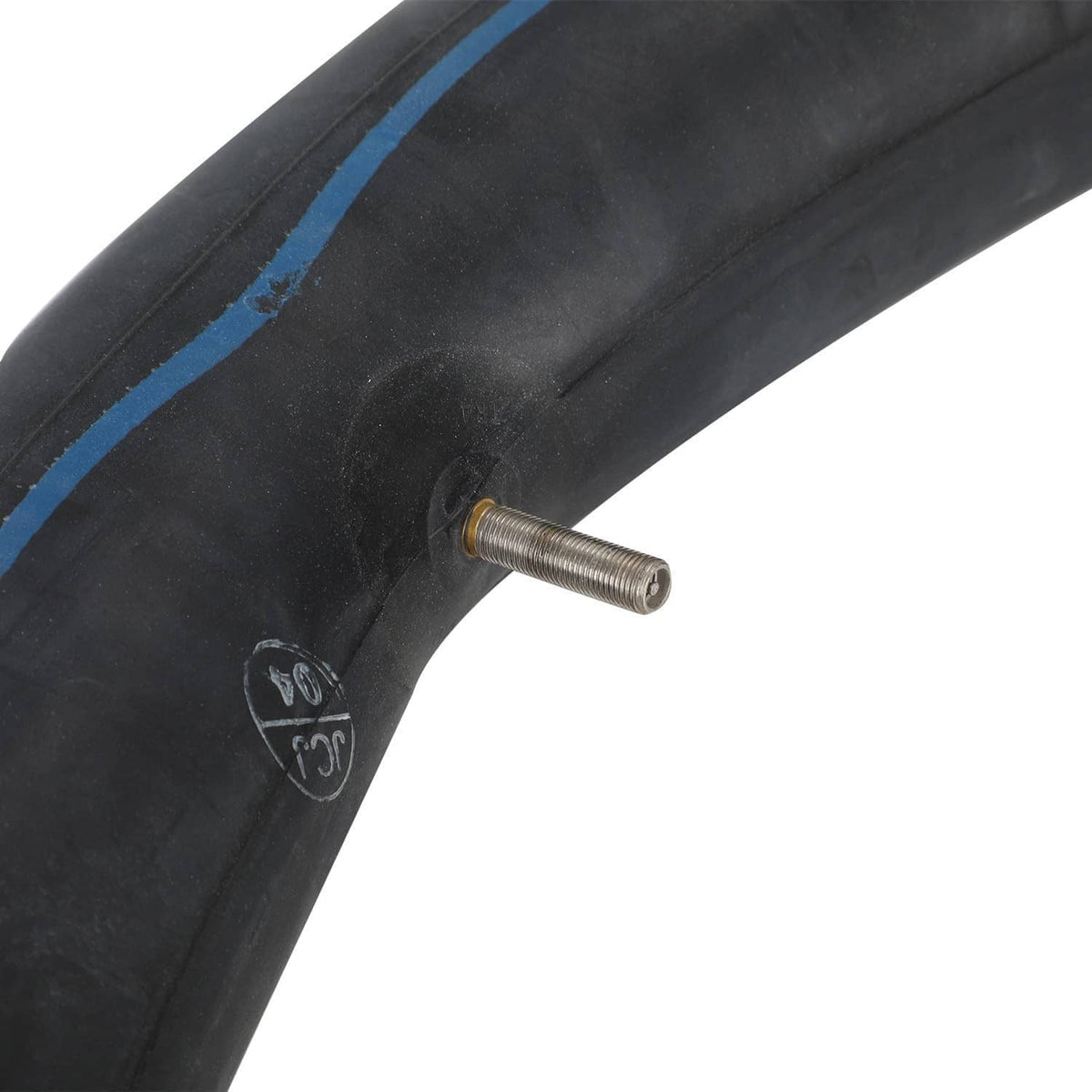 Black 2.75-21 inner tube valve stem detail with blue stripe