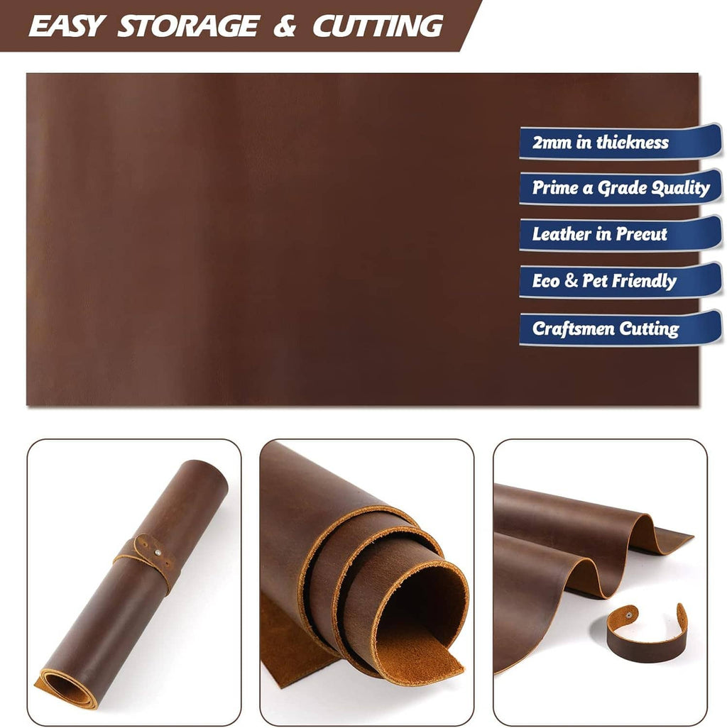 Brown leather sheet with rolled samples showing thickness and cut-ready edges