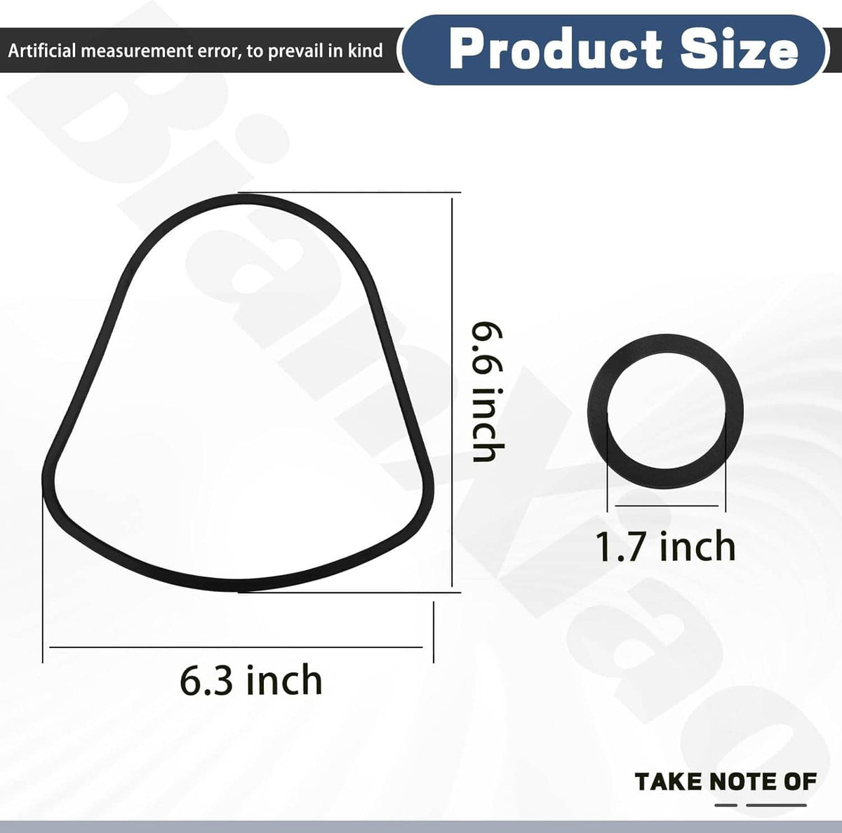 Black triangular vacuum dust bin gasket seal with round opening, with size measurements