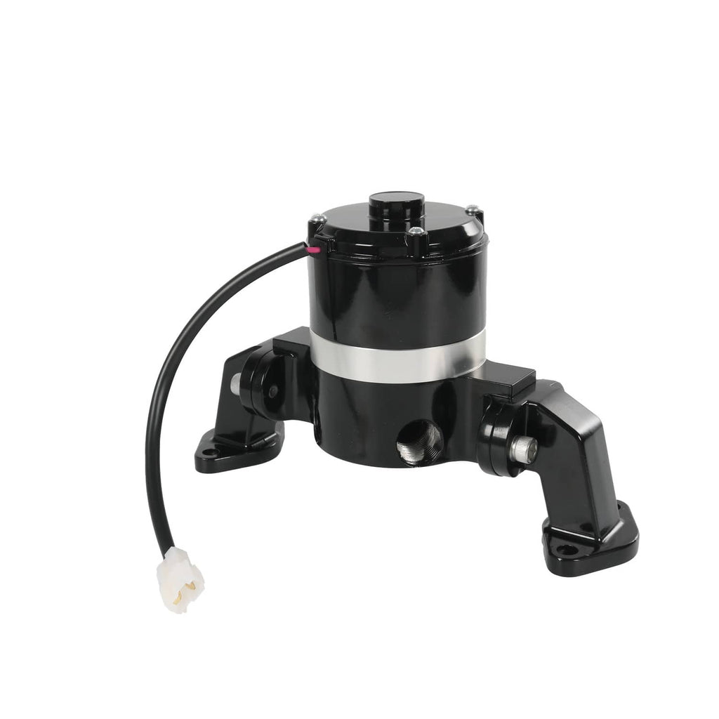 Black electric water pump with silver side port and attached power wire