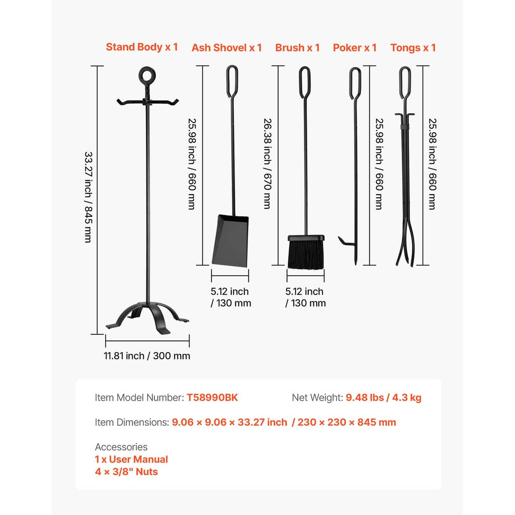 Fireplace tool set stand with size diagram of ash shovel, brush, poker, and tongs