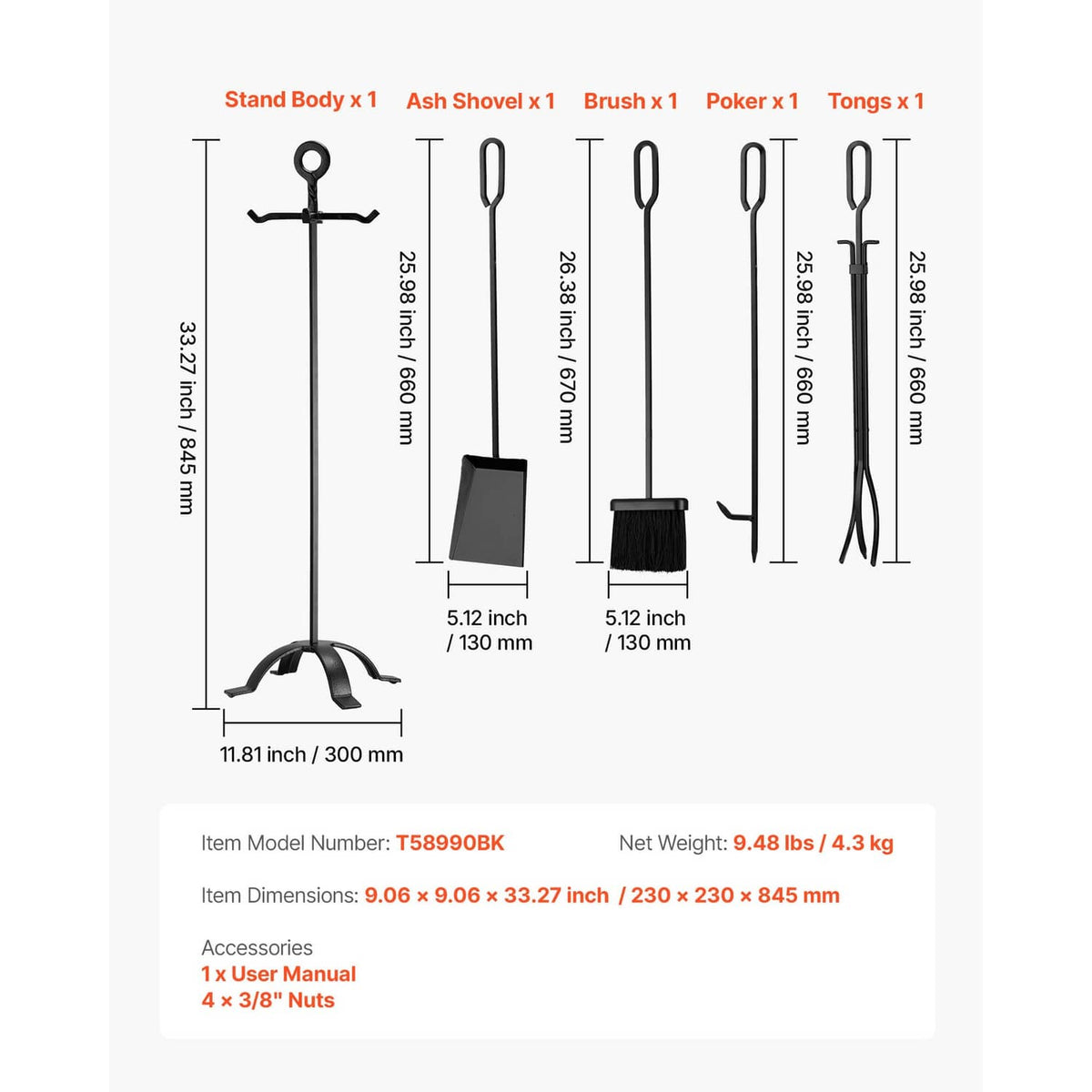 Fireplace tool set stand with size diagram of ash shovel, brush, poker, and tongs