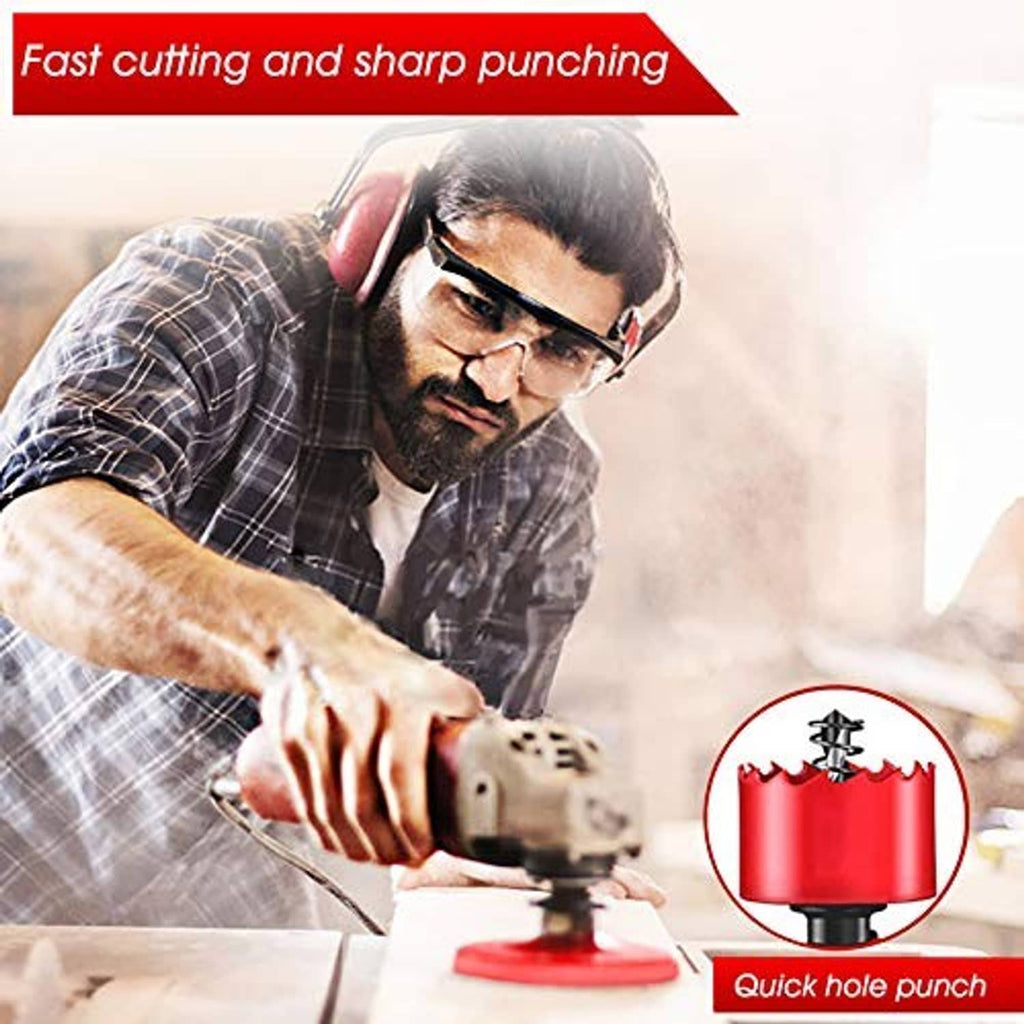 Red bi-metal hole saw attached to a power drill for quick hole punching.