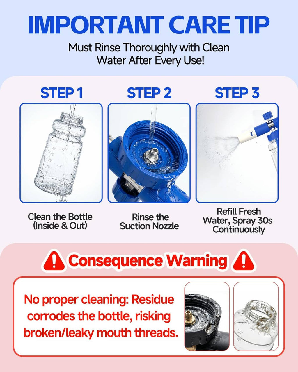 Transparent foam cannon bottle with blue top and quick-connect nozzle attachment