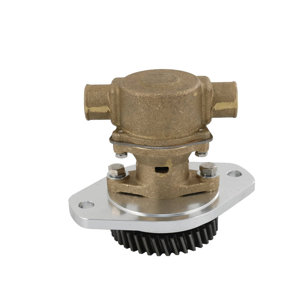Raw water pump with bronze housing, mounting flange, and toothed gear wheel