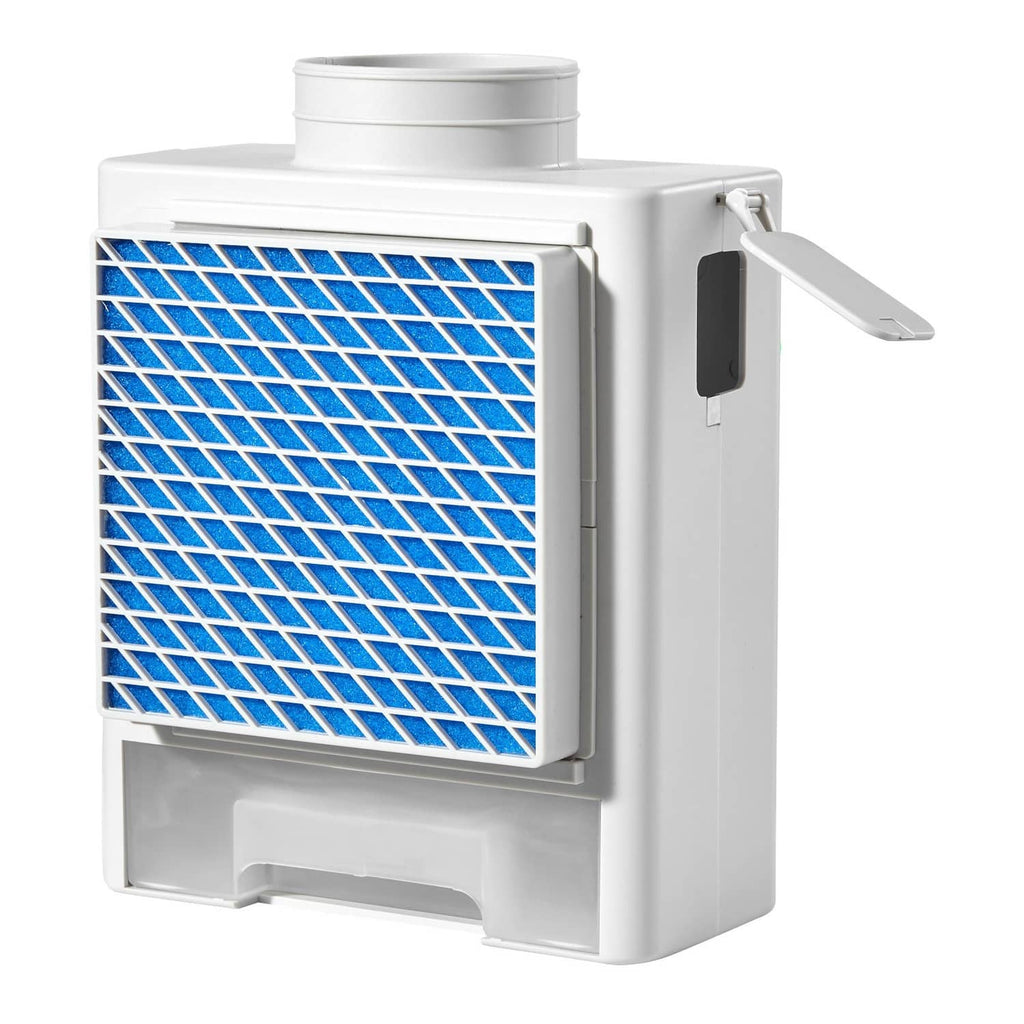 White indoor dryer vent kit with blue mesh filter and side latch handle