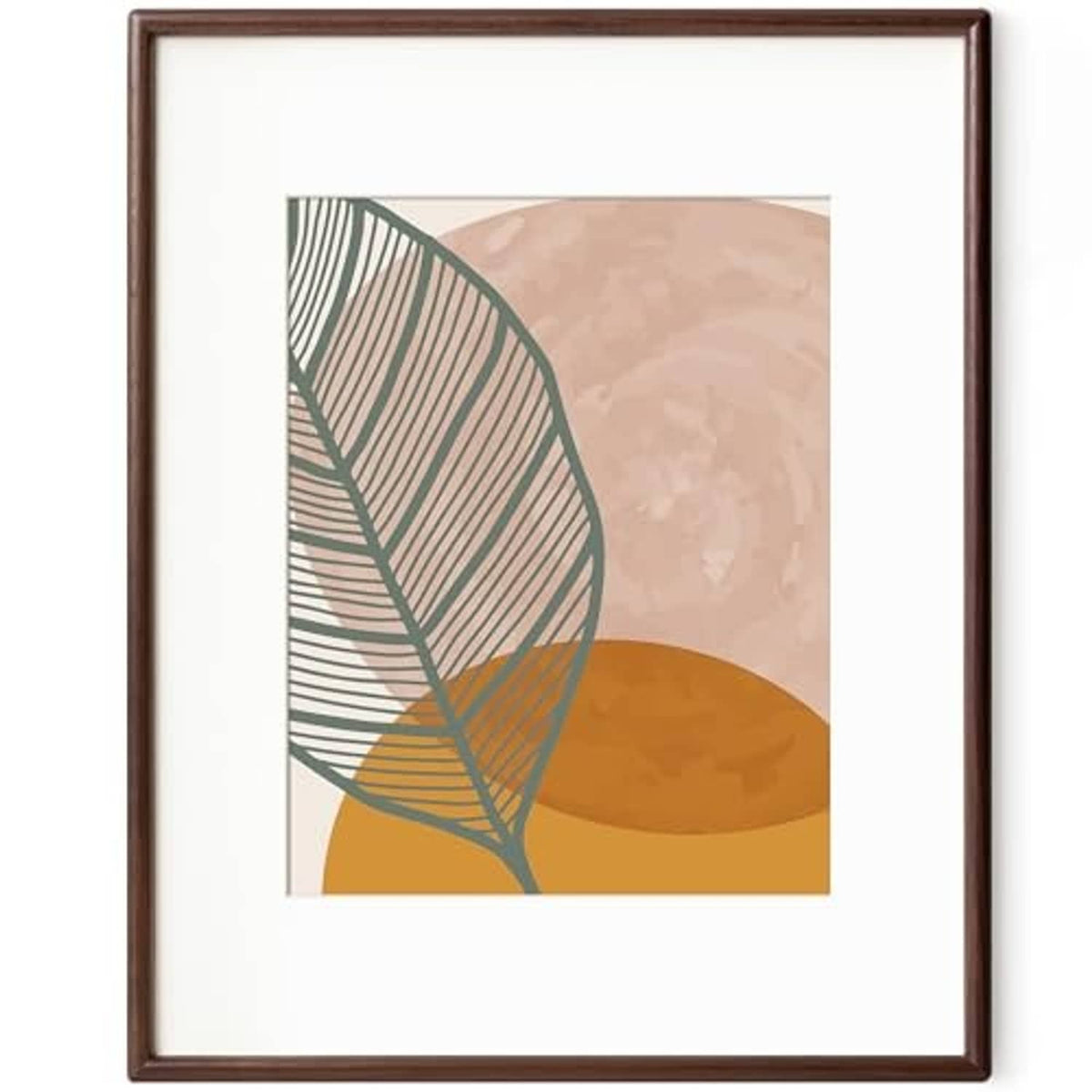 Walnut 16x20 picture frame with rounded corners and centered matted leaf print