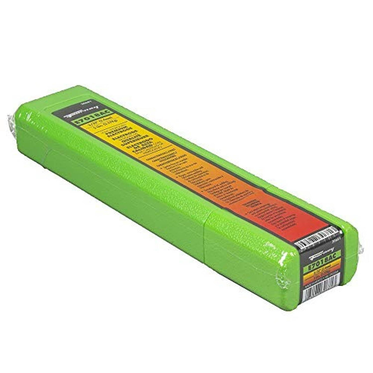 Green E7018AC welding rod package with end label and barcode visible