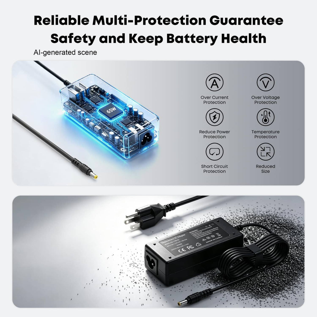 Black laptop charger power adapter with cable and DC barrel connector.