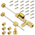 Brass valve core removal tool with long rod and dual brass fittings