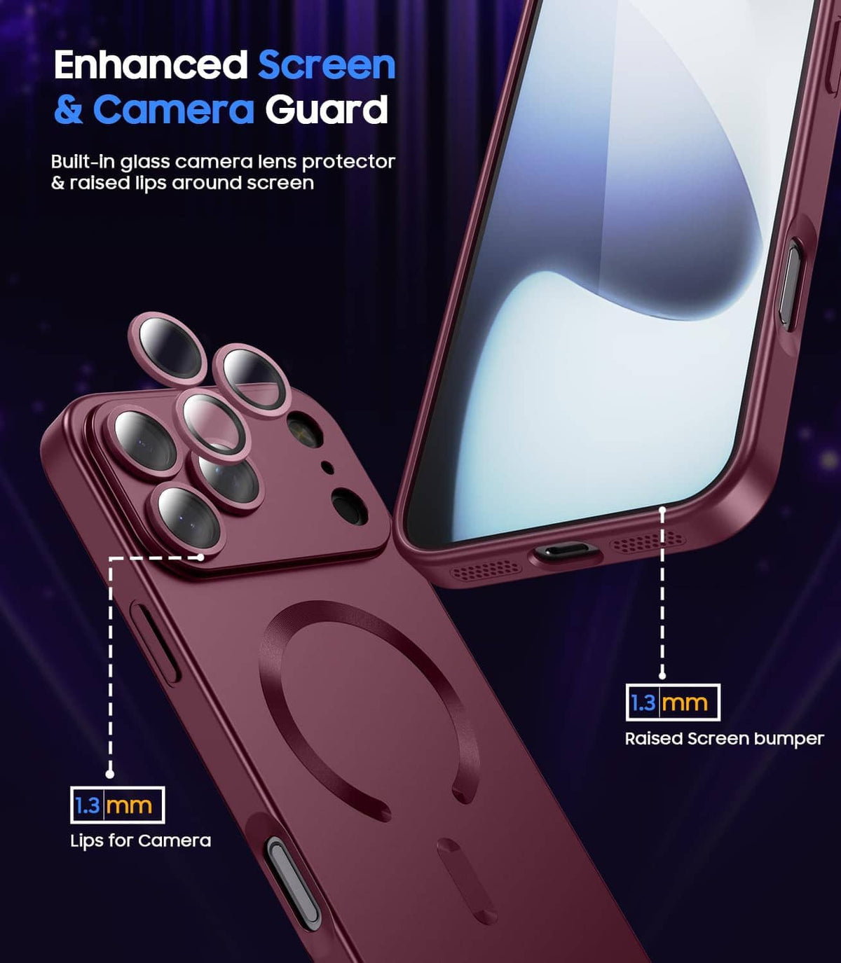 Burgundy iPhone case with camera lens protector and raised screen bumper