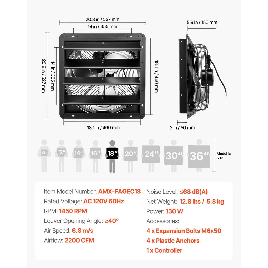 18-inch wall-mount shutter exhaust fan size chart with airflow rating and included parts