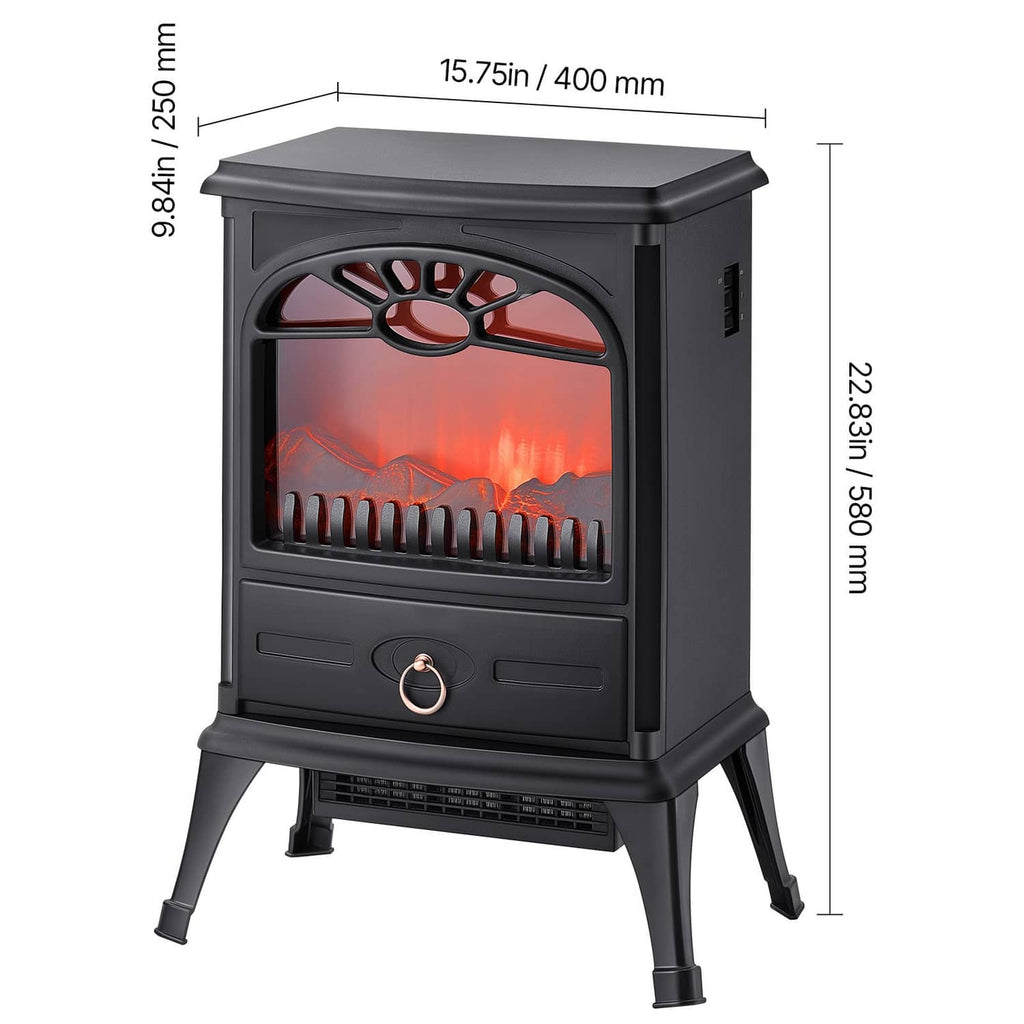 Black freestanding electric fireplace heater side view with flame window and base legs