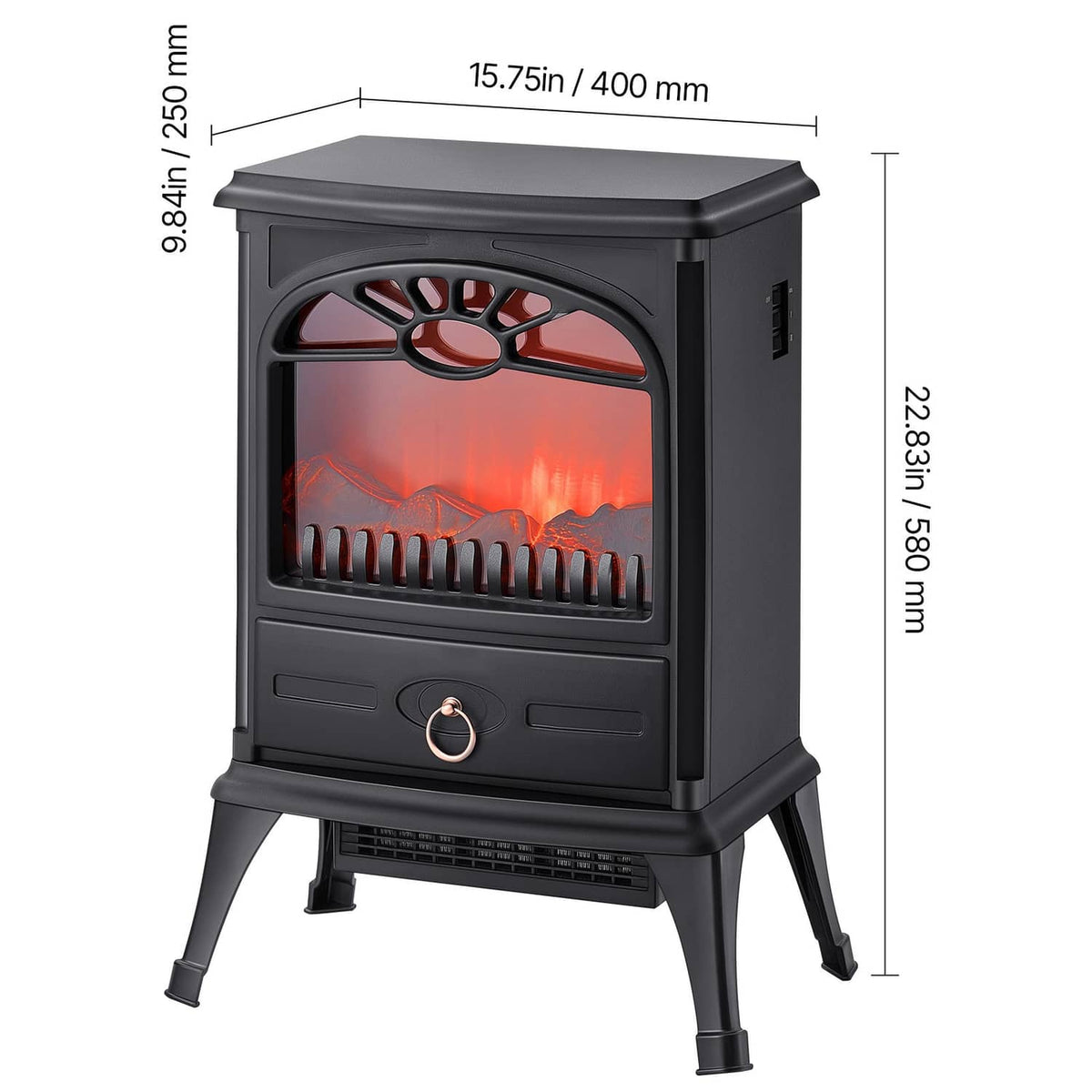 Black freestanding electric fireplace heater side view with flame window and base legs
