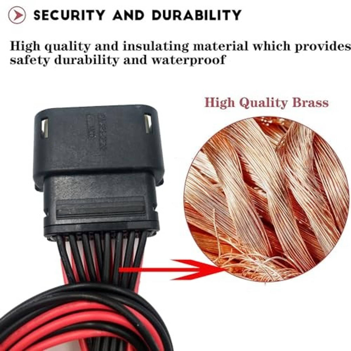 Headlight connector harness with black housing, red/black wires, brass strand inset