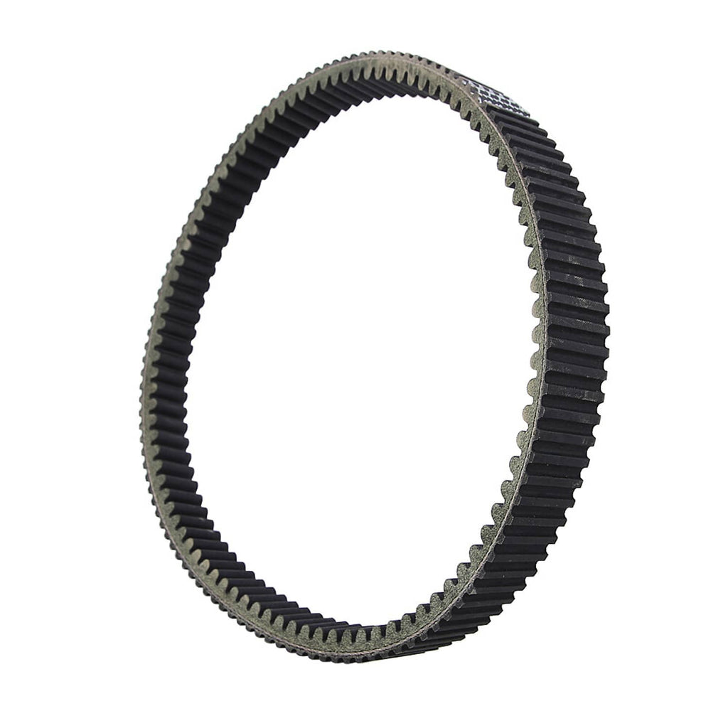 Drive belt loop edge-on view with black ribs and gray traction teeth