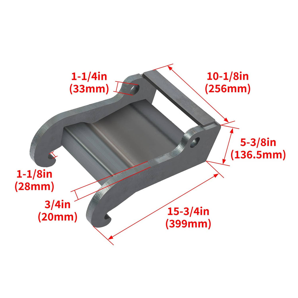 Metal coupler bracket for excavator, dark gray, open center with bolt holes on arms