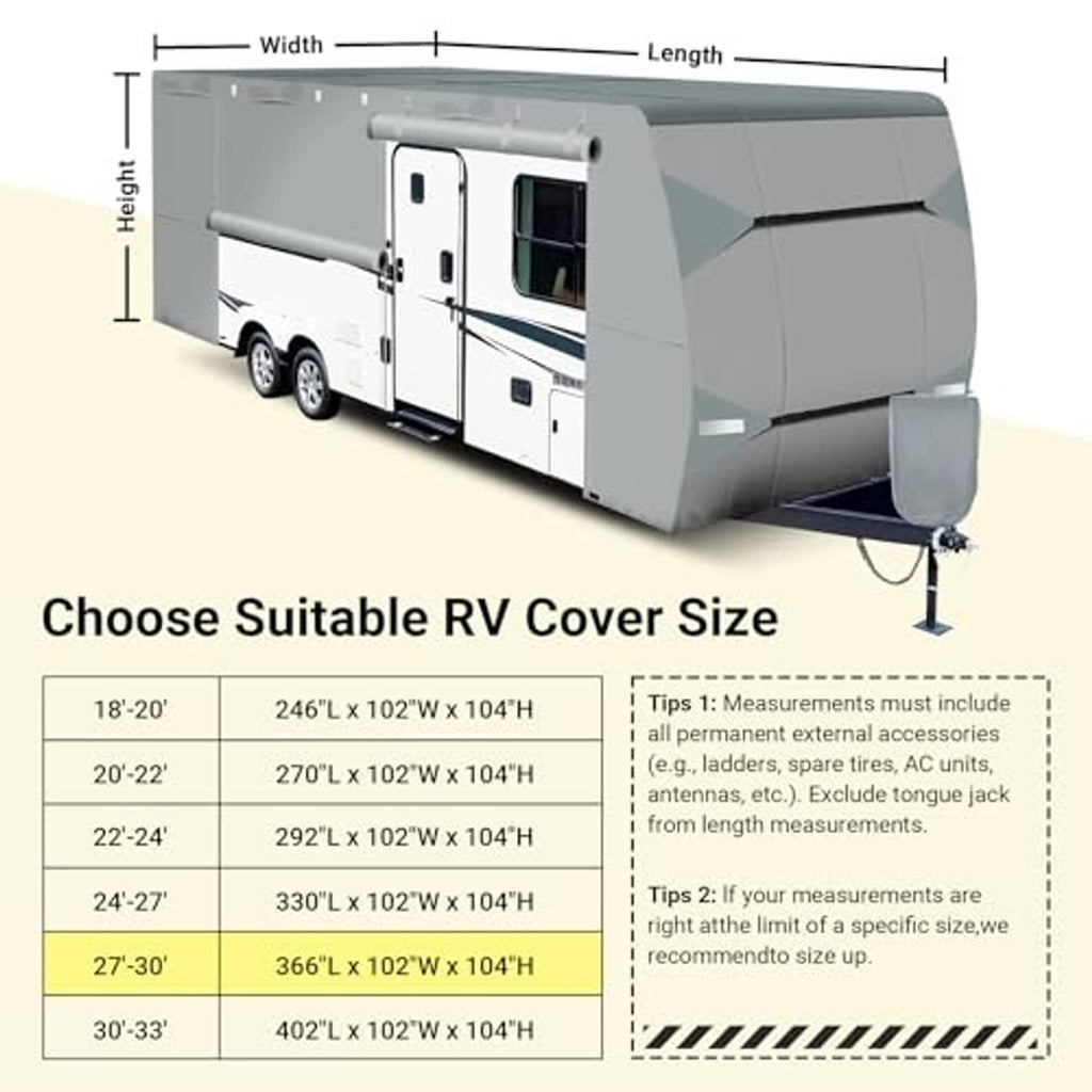 RV cover size chart with width and height measurements for travel trailer fit