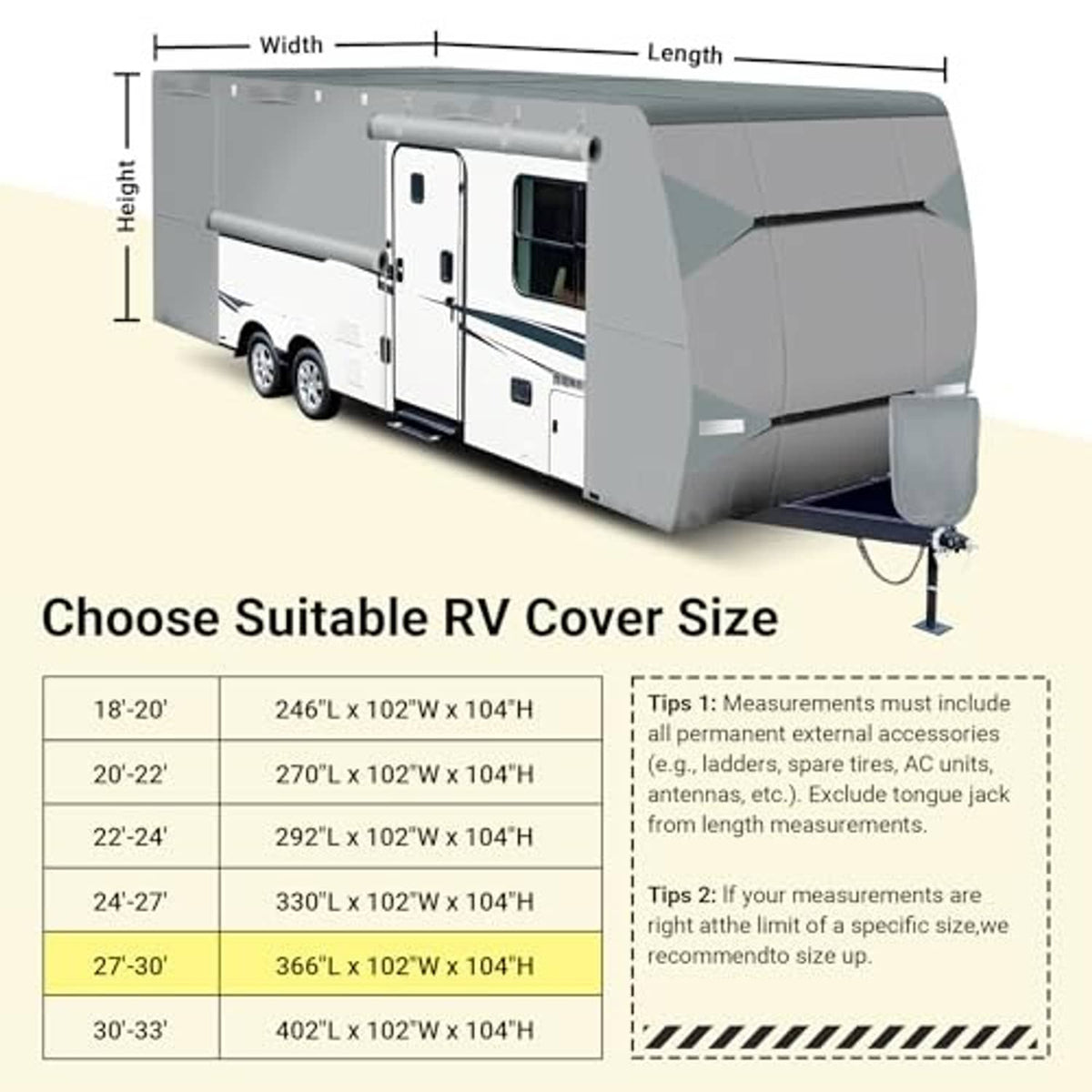 RV cover size chart with width and height measurements for travel trailer fit