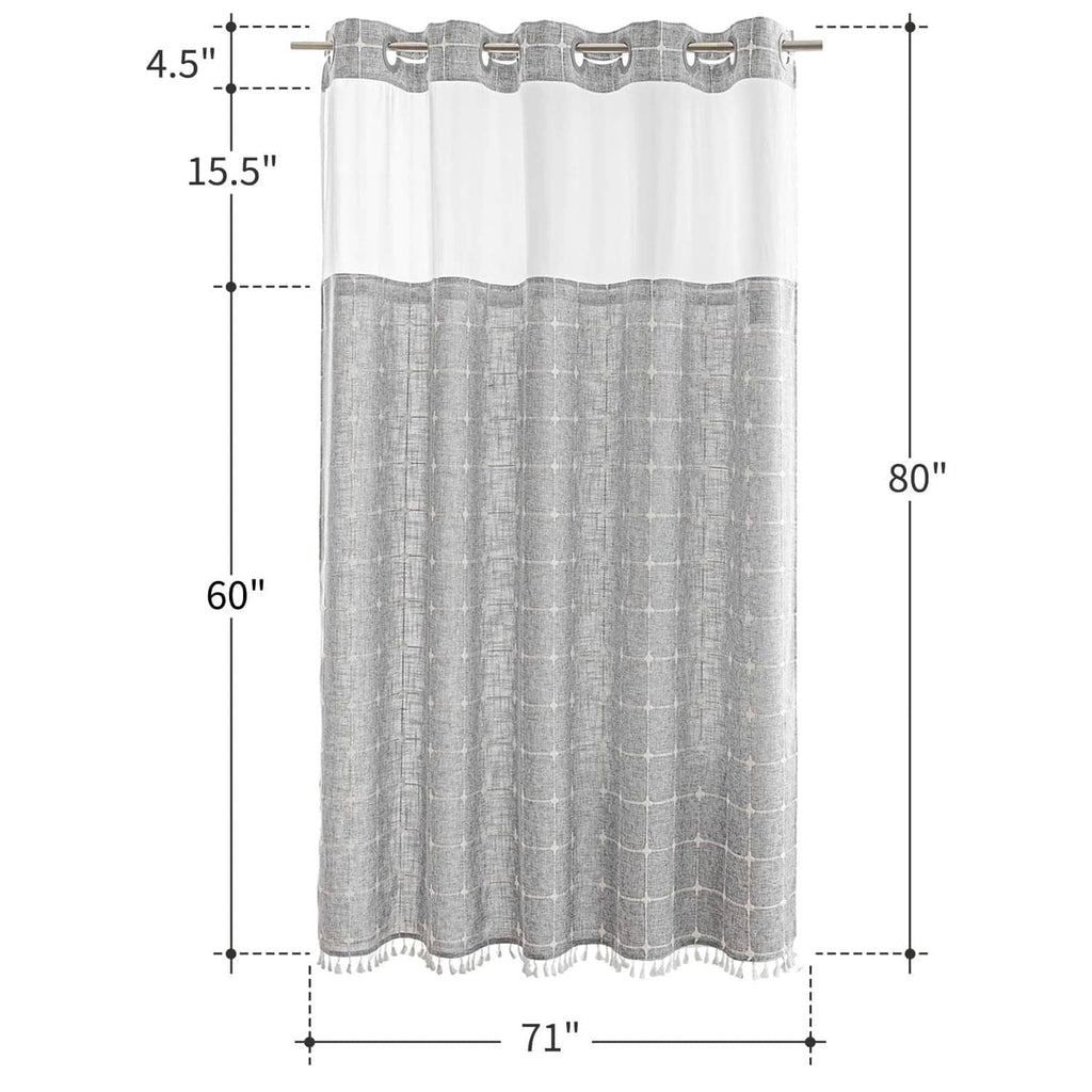 Shower curtain dimensions diagram: 71 in wide and 80 in long