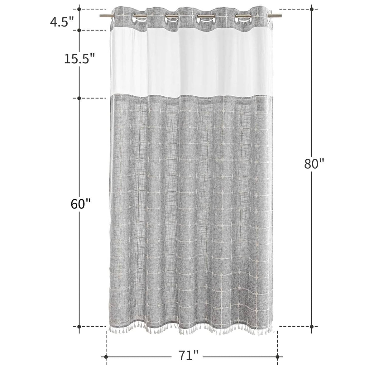 Shower curtain dimensions diagram: 71 in wide and 80 in long