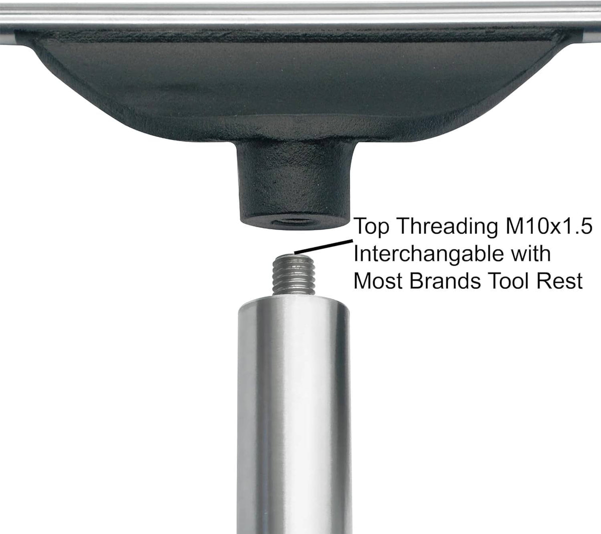 Tool rest with top threaded post (M10x1.5) and black curved support