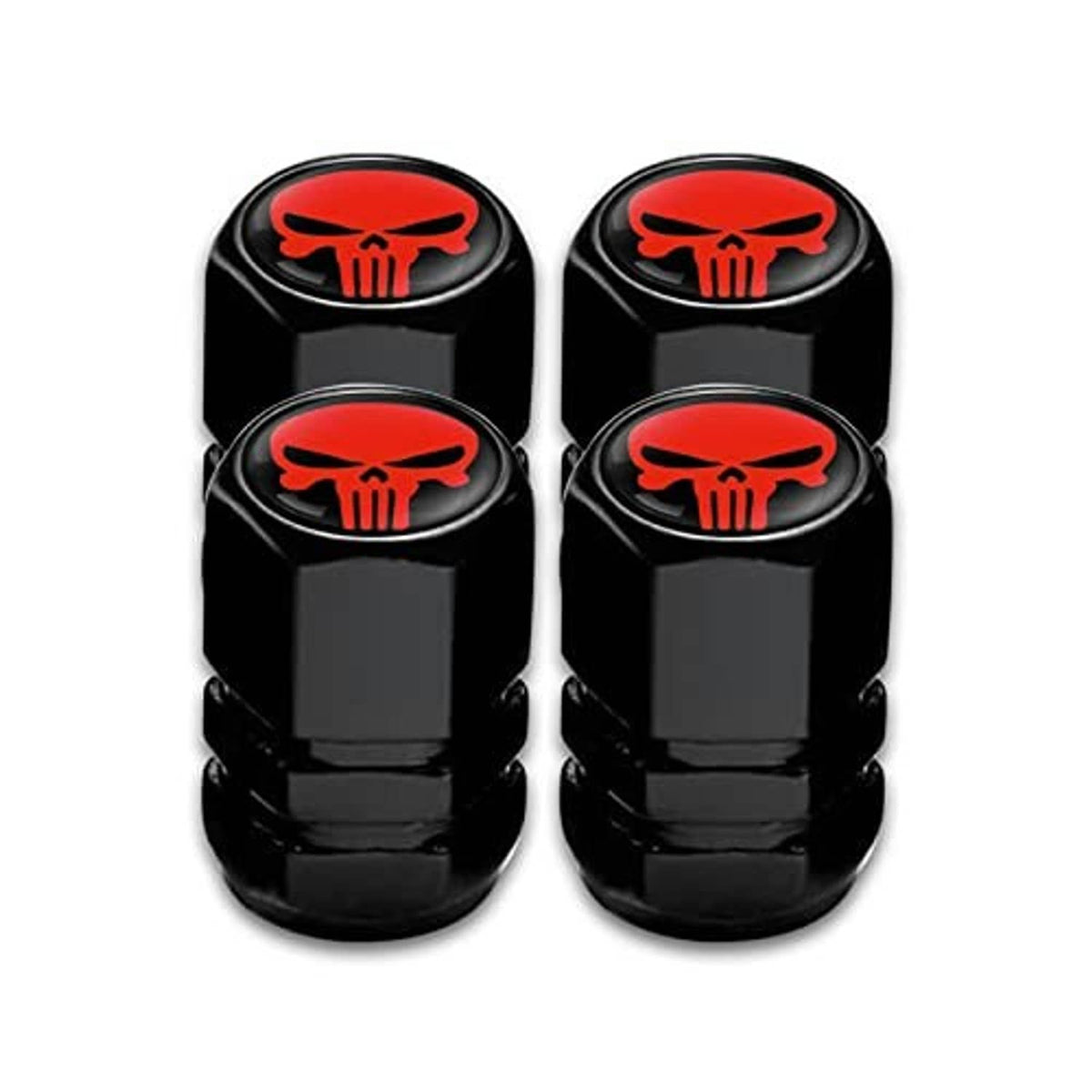 Four black tire valve stem caps with red skull emblem, grouped two-by-two