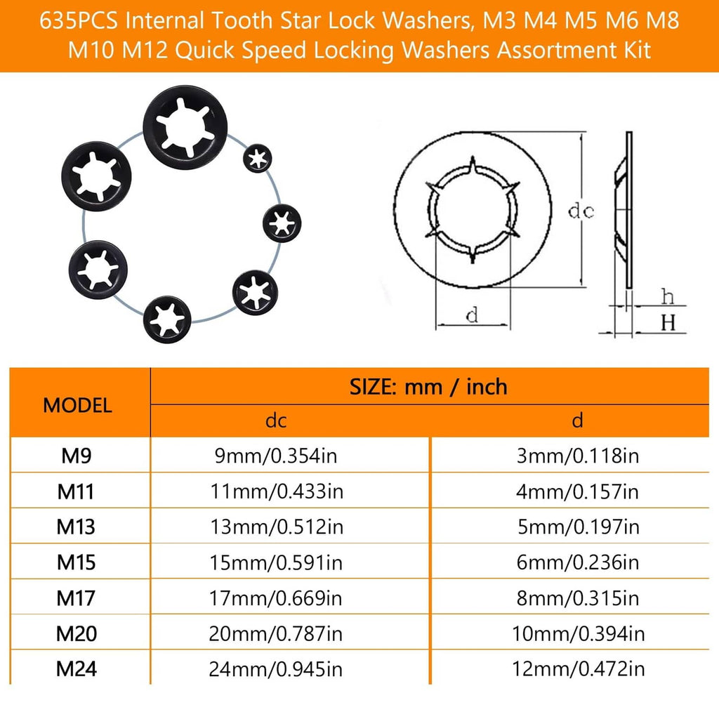Black internal tooth star lock washers with star drive and size diagram on packaging
