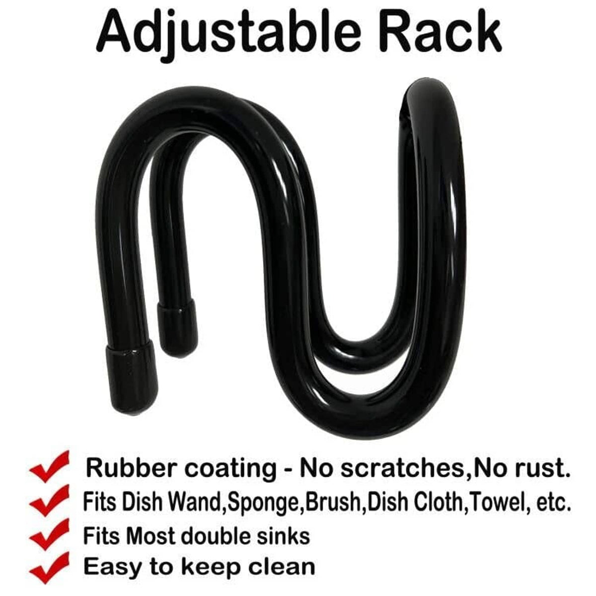 Black adjustable dish rack with two U-shaped hooks for hanging dish wand tools