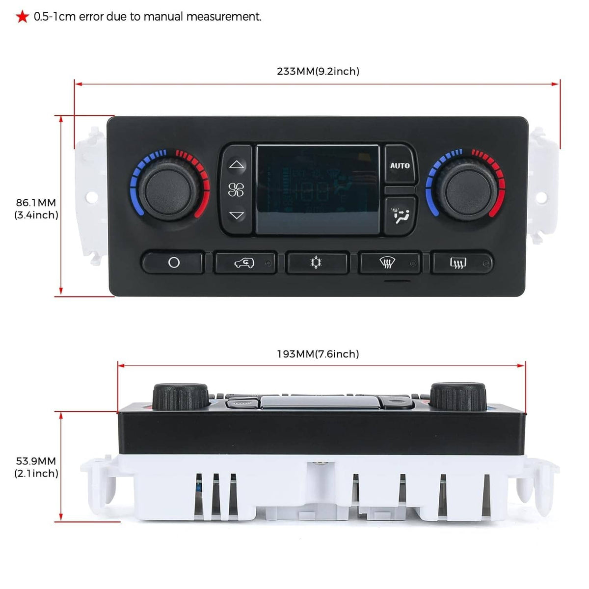 AC climate control module shown with overall size dimensions and mounting bracket